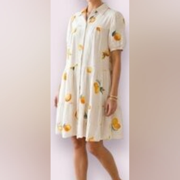 Jane & Delancey M Dress Citrus Flax Print Puff Sleeve Button Up Rayon/Linen Mix - Picture 2 of 9
